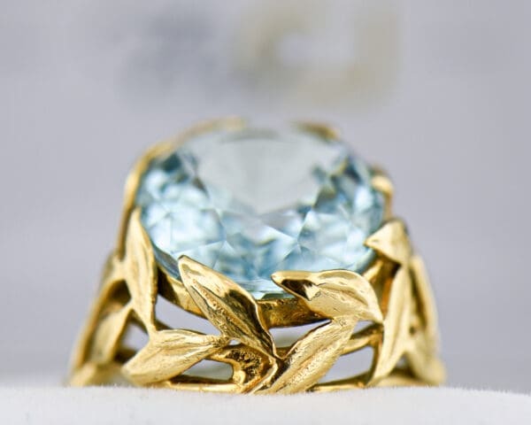 mid century aquamarine cocktail ring with floral gold mounting 4