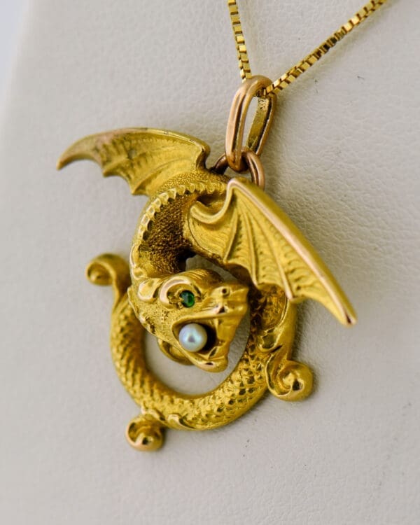victorian gold dragon pendant with pearl and demantoid 3