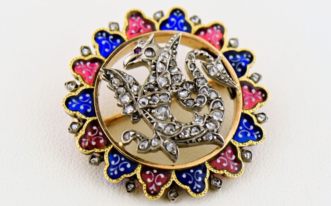 antique enamel and diamond heraldic dragon brooch