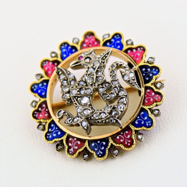 antique enamel and diamond heraldic dragon brooch 4