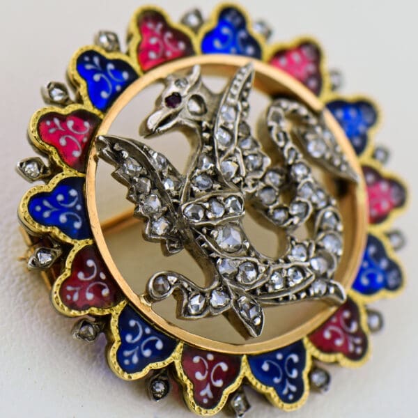 antique enamel and diamond heraldic dragon brooch 5