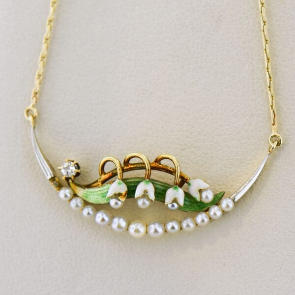 antique lily of the valley enamel pearl and diamond crescent necklace 2