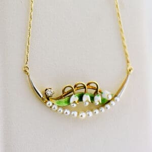 antique lily of the valley enamel pearl and diamond crescent necklace