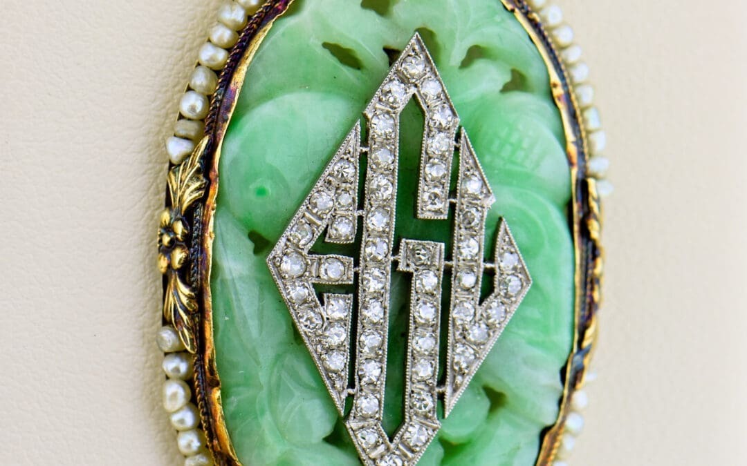 french art deco carved jade and diamond monogram pendant