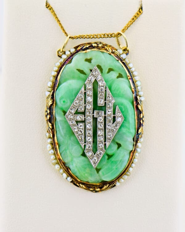 french art deco carved jade and diamond monogram pendant 3