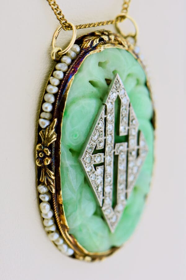 french art deco carved jade and diamond monogram pendant 4