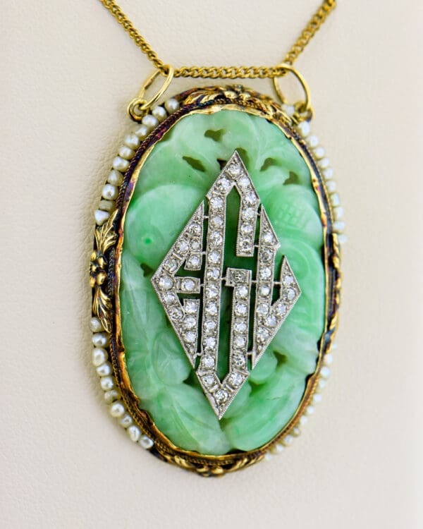 french art deco carved jade and diamond monogram pendant