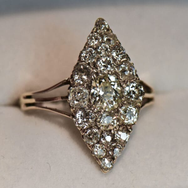 victorian navette shaped large mine cut diamond cluster ring 5
