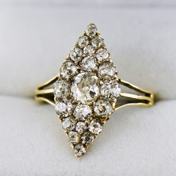 victorian navette shaped large mine cut diamond cluster ring