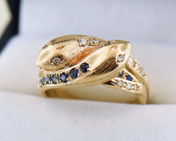 vintage two headed rose gold snake ring set with sapphires 2