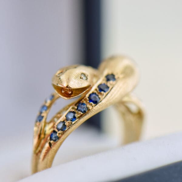 vintage two headed rose gold snake ring set with sapphires 4