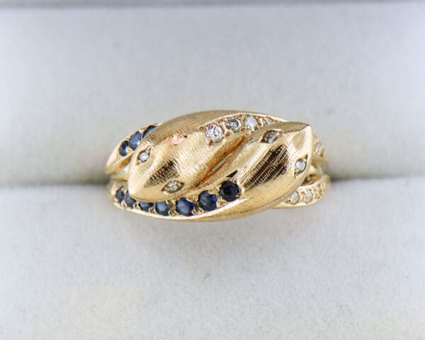 vintage two headed rose gold snake ring set with sapphires 5