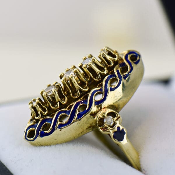 vintage yellow gold cocktail ring with diamond and blue enamel 2