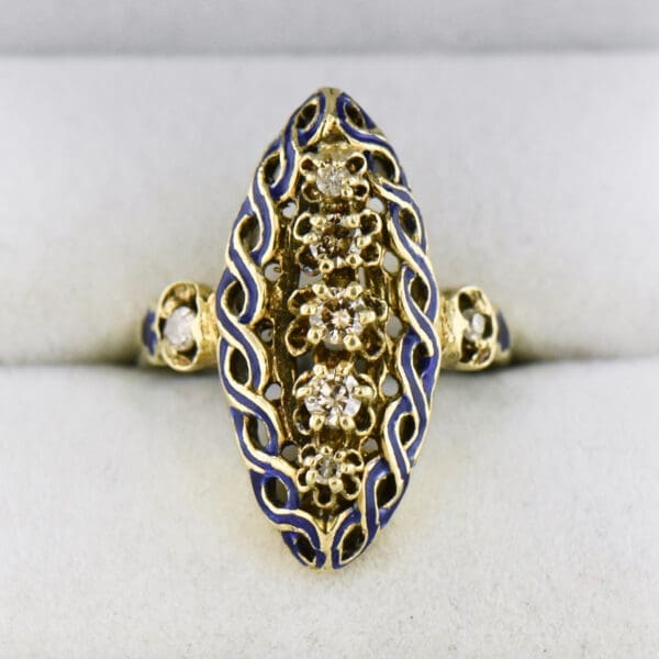 vintage yellow gold cocktail ring with diamond and blue enamel 3