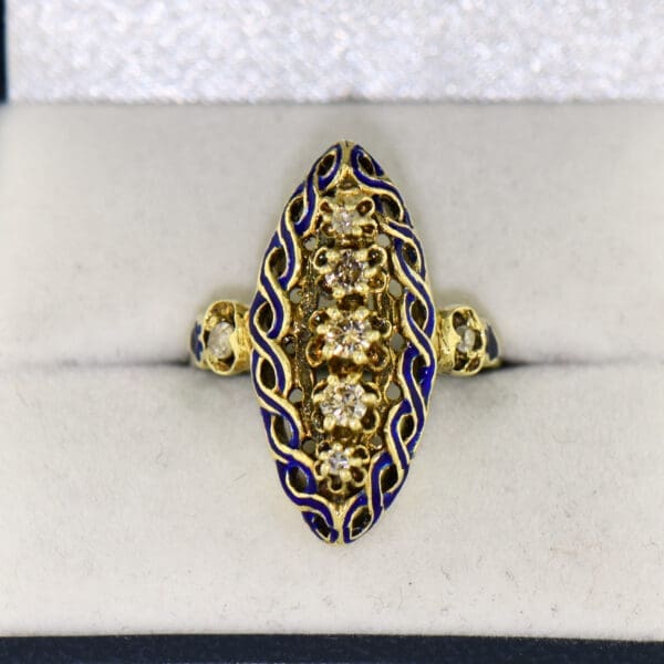 vintage yellow gold cocktail ring with diamond and blue enamel 4