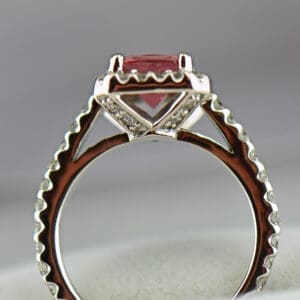 cushion cut orange pink tourmaline and diamond halo engagement ring 2