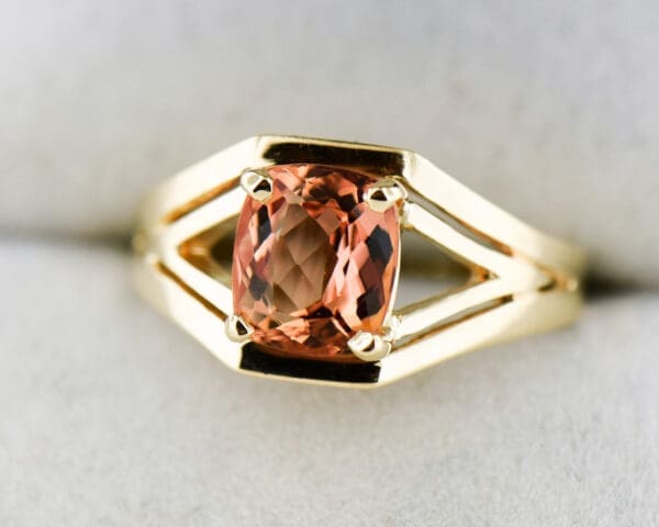 cushion peach pink imperial topaz and gold split shank solitaire ring 2