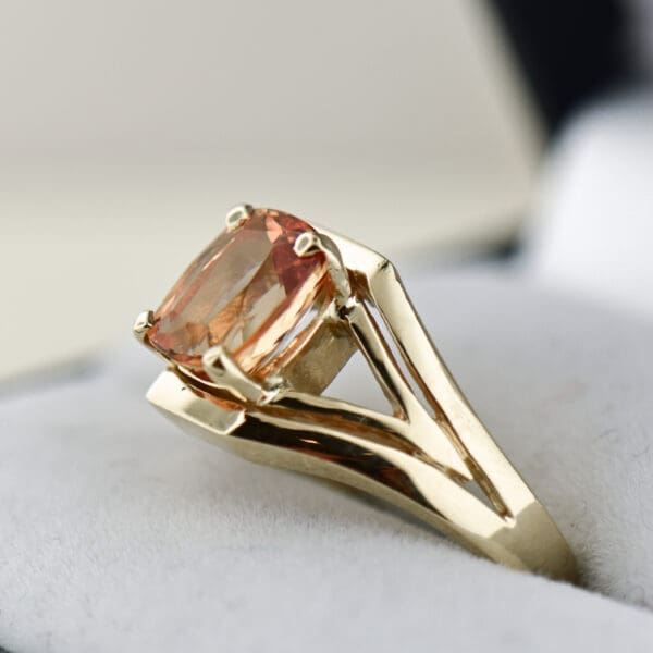cushion peach pink imperial topaz and gold split shank solitaire ring 3