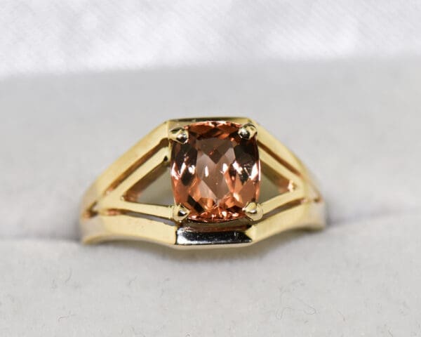 cushion peach pink imperial topaz and gold split shank solitaire ring 4