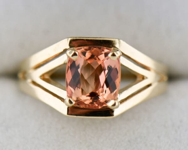 cushion peach pink imperial topaz and gold split shank solitaire ring 5