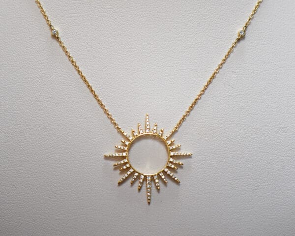 custom 18k gold and diamond sunburst pendant with diamond station chain 3