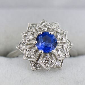 custom white gold mandala ring with ceylon blue sapphire