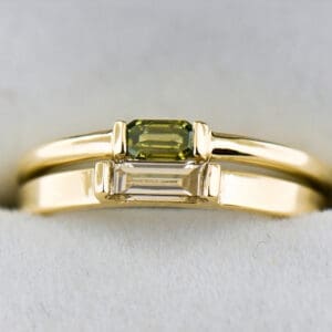 gold and baguette diamond east west stacking rings