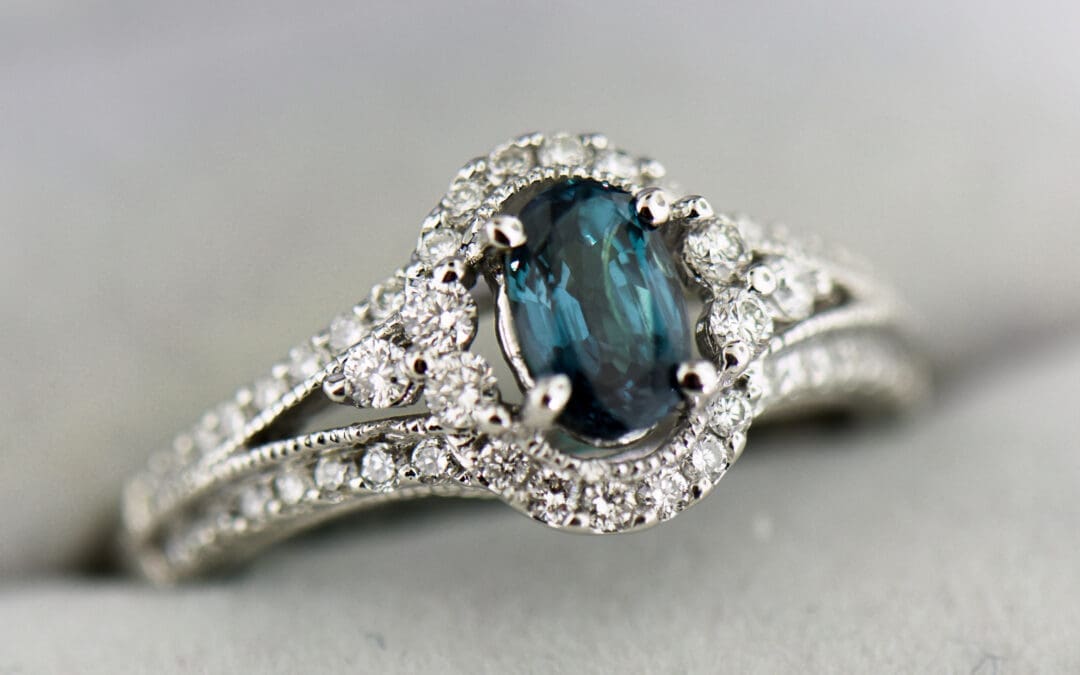 oval halo engagement ring with brazilian alexandrite with strong color change