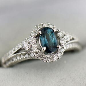 oval halo engagement ring with brazilian alexandrite with strong color change