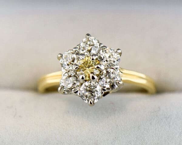 antique diamond flower cluster ring with yellow diamond and old euro halo 2