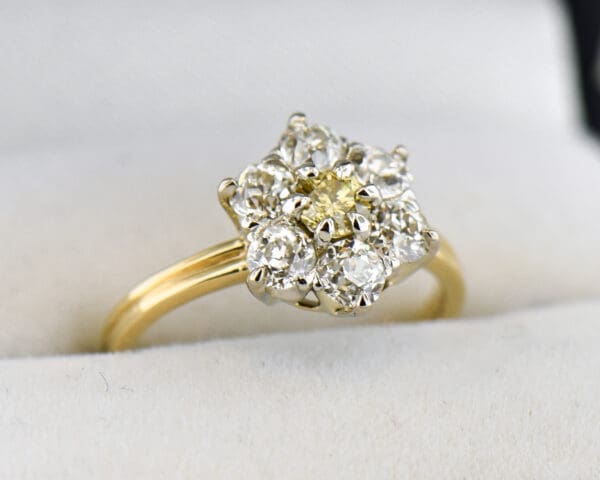 antique diamond flower cluster ring with yellow diamond and old euro halo 5