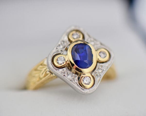 custom ring with untreated ceylon blue sapphire and diamonds 3