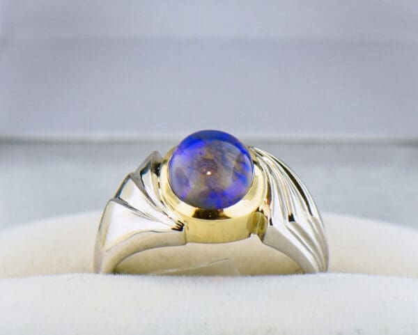 custom unisex twotone gold ring with violet galaxy black opal 2