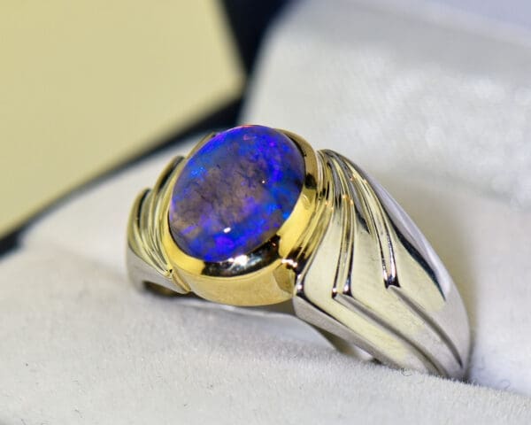 custom unisex twotone gold ring with violet galaxy black opal 6