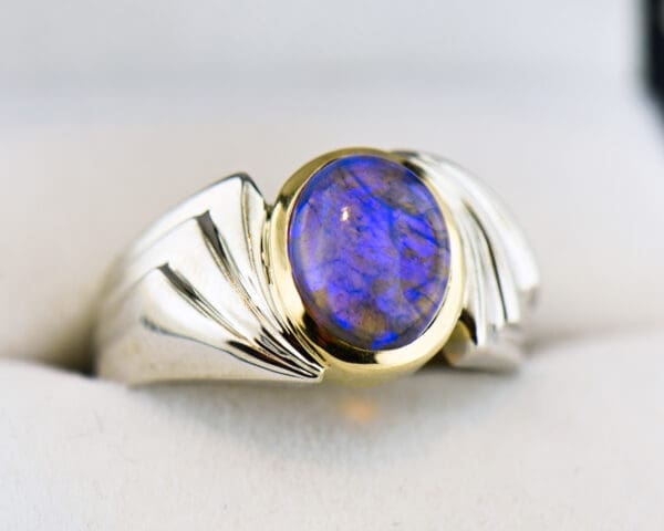 custom unisex twotone gold ring with violet galaxy black opal