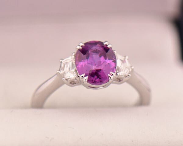 magenta purple sapphire and cadillac diamond three stone ring 5