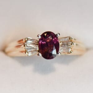 songea maroon sapphire and baguette diamond ring