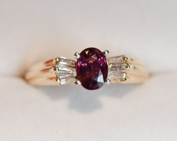 songea maroon sapphire and baguette diamond ring