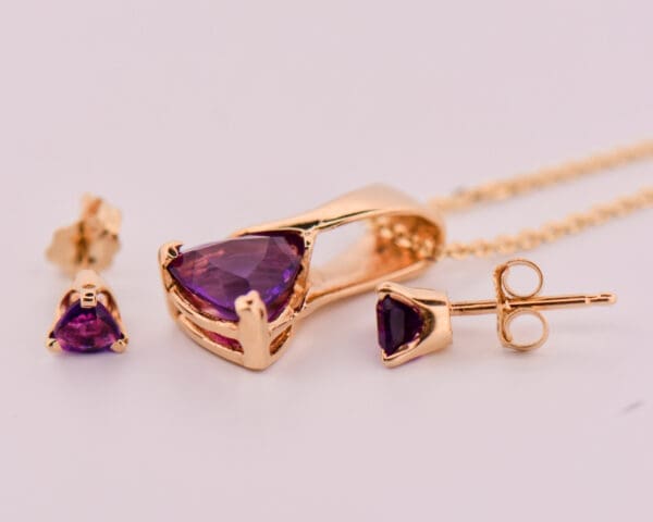 trillion amethyst pendant and stud earring set