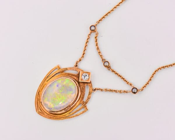 antique art nouveau gold opal diamond and pearl necklace