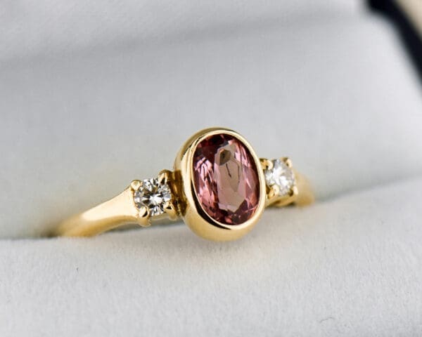 bezel set pink imperial topaz and diamond 3 stone ring 5