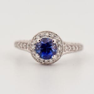 custom 1ct round blue sapphire halo engagement ring