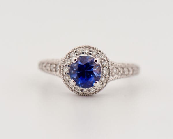 custom 1ct round blue sapphire halo engagement ring