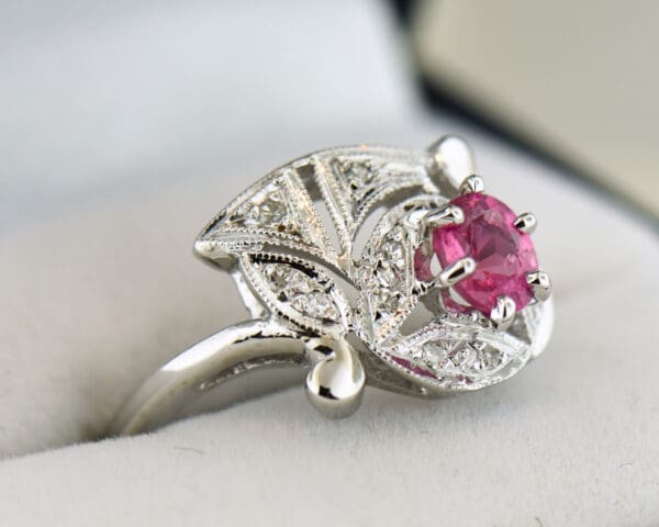 deco cluster ring with pink padparadscha sapphire and diamonds 2