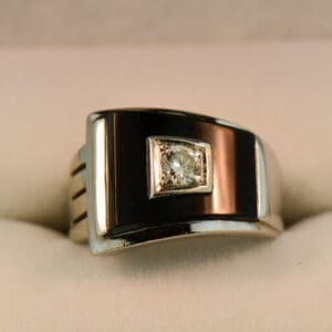 deco gents black onyx buckle ring with diamond accent white gold