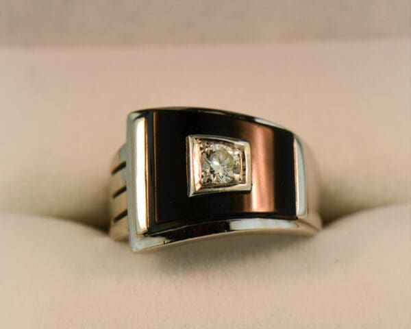 deco gents black onyx buckle ring with diamond accent white gold