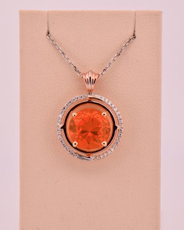 large round mexican fire opal and diamond pendant rose and white gold 4