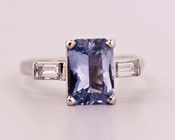 periwinkle blue sapphire and baguette diamond ring in platinum 3