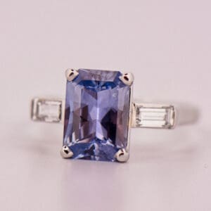 periwinkle blue sapphire and baguette diamond ring in platinum