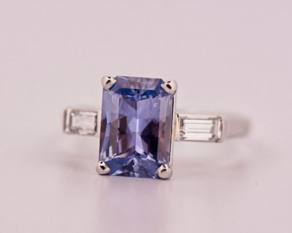 periwinkle blue sapphire and baguette diamond ring in platinum